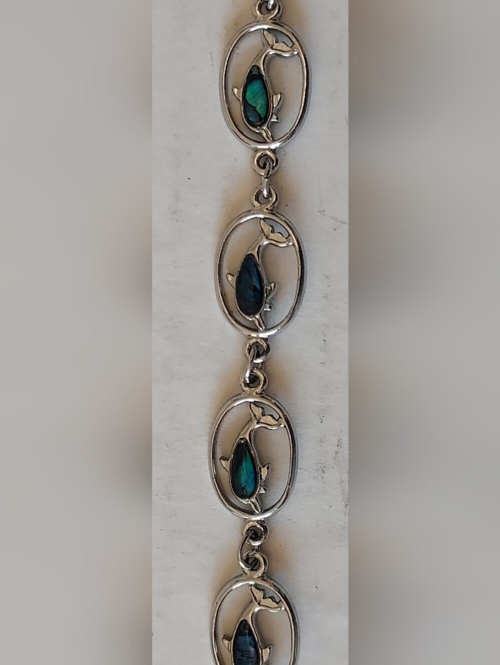 Dolphin on Oval Link Bracelet Mother of Pearl Inlay 7” Silver S-80 Stamped - Picture 5 of 10